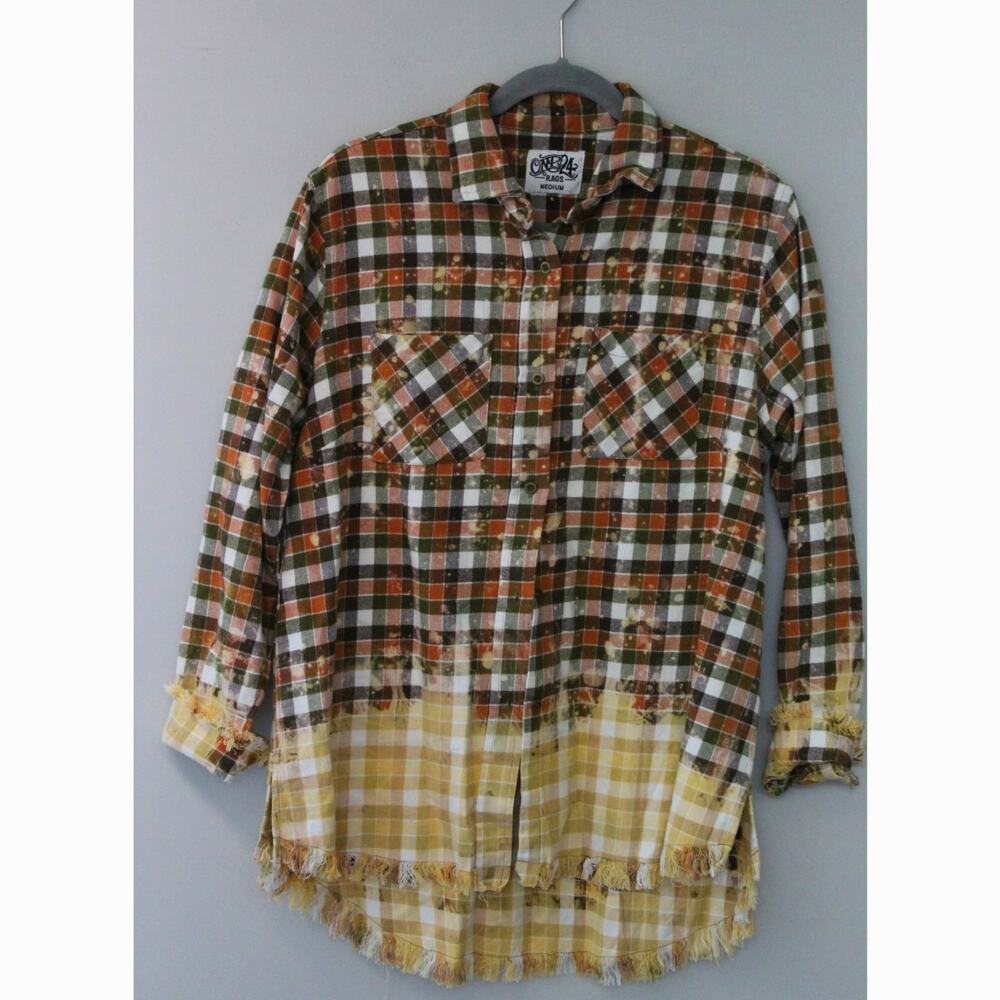 One24 Rags Orange Distressed Women's Plaid Flannel Button Up w/ Raw Hem M